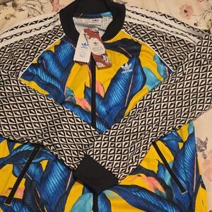 Adidas Blue and Yellow Leaf Print Jacket
